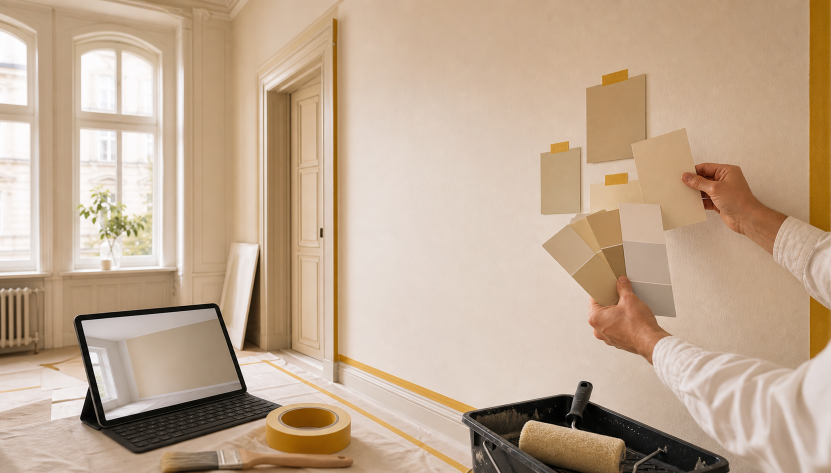 Heller Altbau-Raum mit Farbkarten, Tablet-Vorschau und vorbereitetem Malerwerkzeug