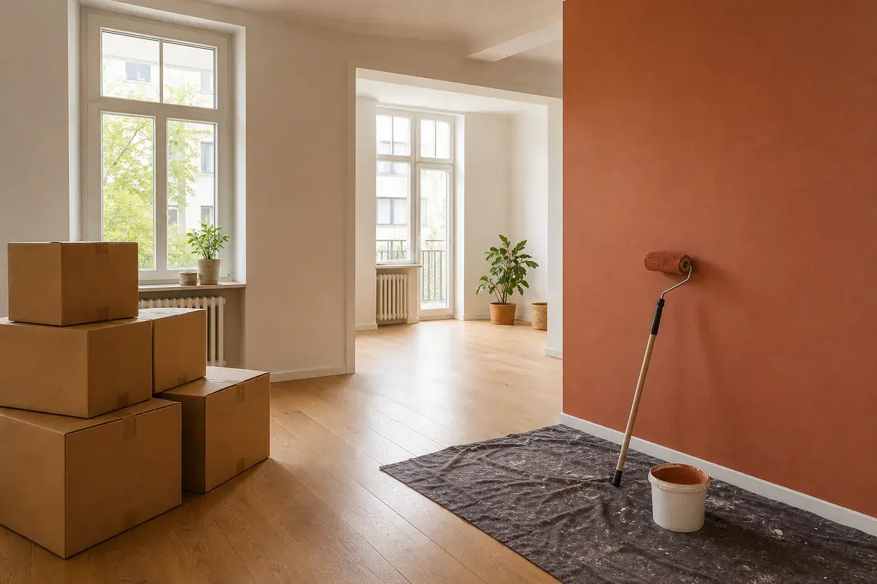 Frisch renovierte Wohnung mit Umzugskartons und gestrichener Akzentwand