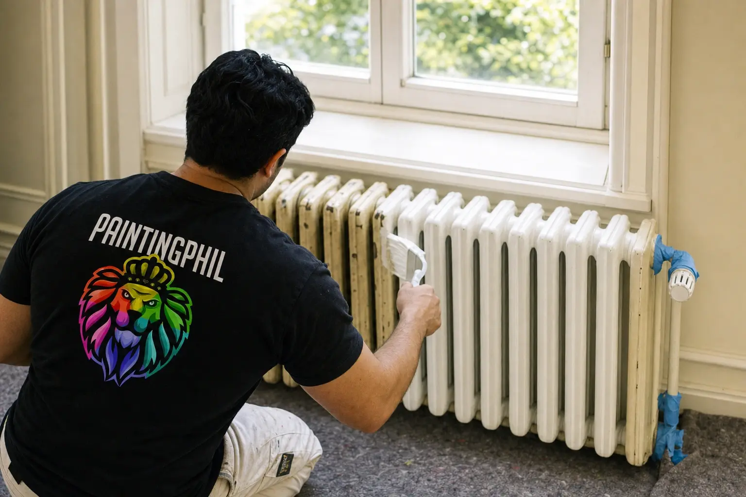 Maler im schwarzen PaintingPhil-Shirt lackiert einen alten Gliederheizkörper unter dem Fenster weiß, Ventil und Rohre abgeklebt