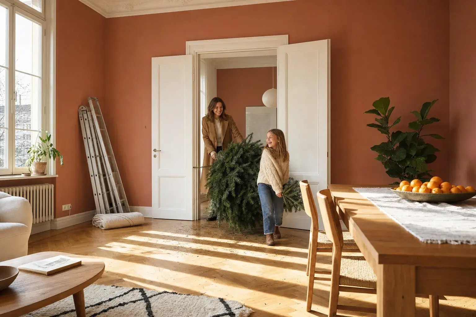 Mutter und Tochter tragen einen Weihnachtsbaum in ein frisch terrakotta gestrichenes Altbau-Wohnzimmer
