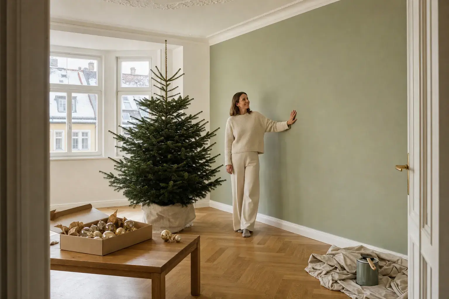 Frisch salbeigrün gestrichene Altbauwand mit noch ungeschmücktem Weihnachtsbaum