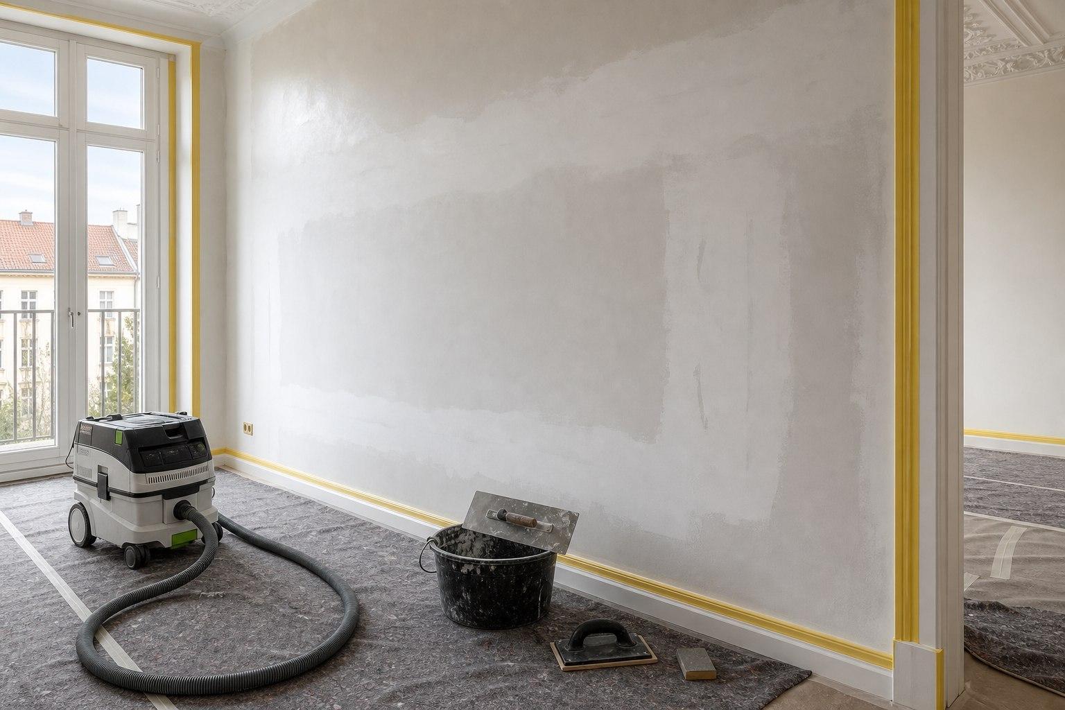 Abgeklebter Altbauraum mit gespachtelter Wand und sauber vorbereiteten Werkzeugen