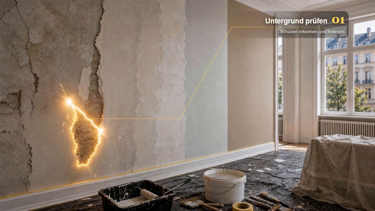 Wandaufbau mit goldener Markierung fuer den ersten Arbeitsschritt